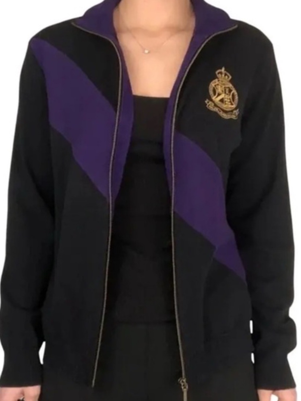 Ralph Lauren Black Zip Front Cardigan with Purple Stripe and Gold Crest Vintage